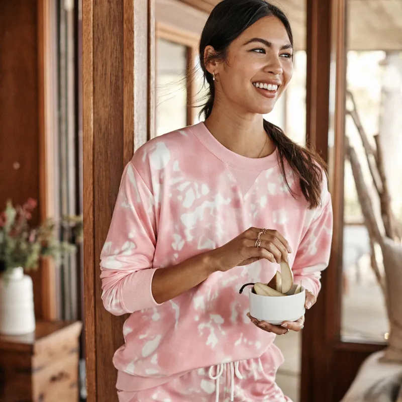 The Softest French Terry Relaxed Crew - Pink Sky Tie Dye made by Summersalt