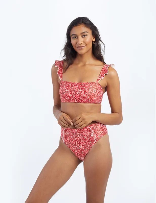 The Ruffle Oasis Bikini Top - In Bloom in Lava sold by Summersalt