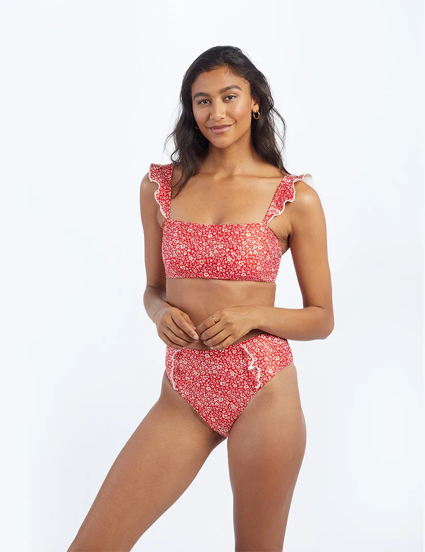 The Ruffle Oasis Bikini Top - In Bloom in Lava sold by Summersalt
