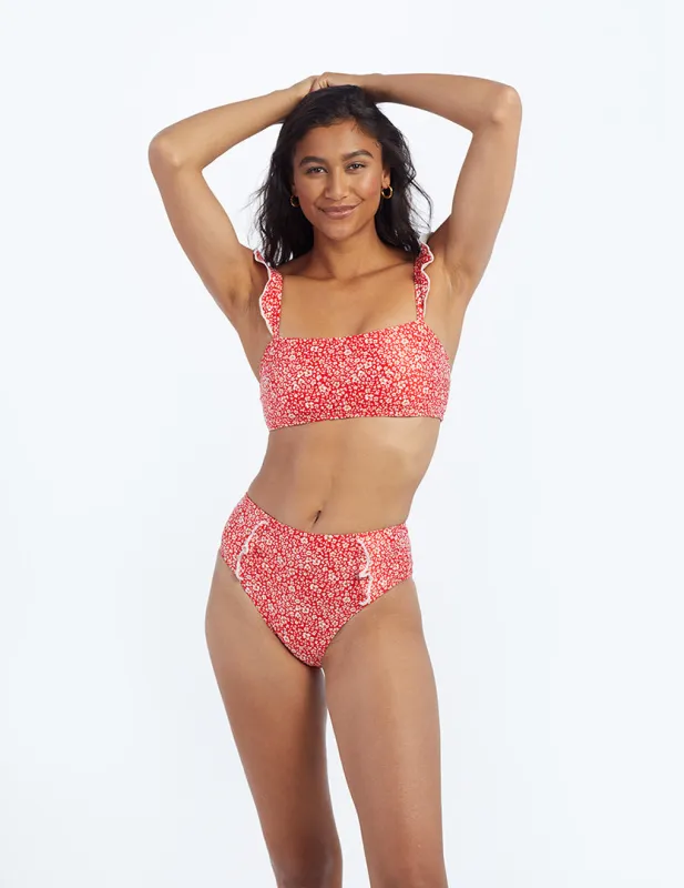 The Ruffle High Leg High Rise Bikini Bottom - In Bloom in Lava made by Summersalt