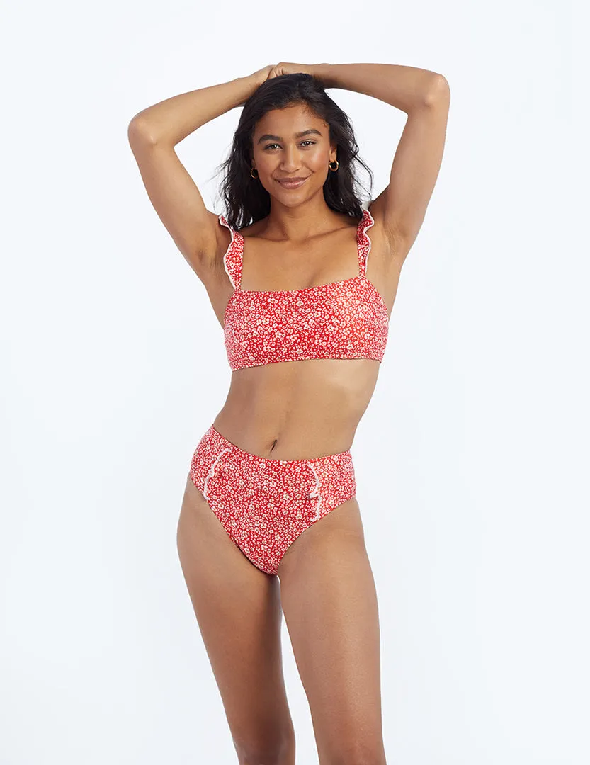 The Ruffle High Leg High Rise Bikini Bottom - In Bloom in Lava sold by Summersalt