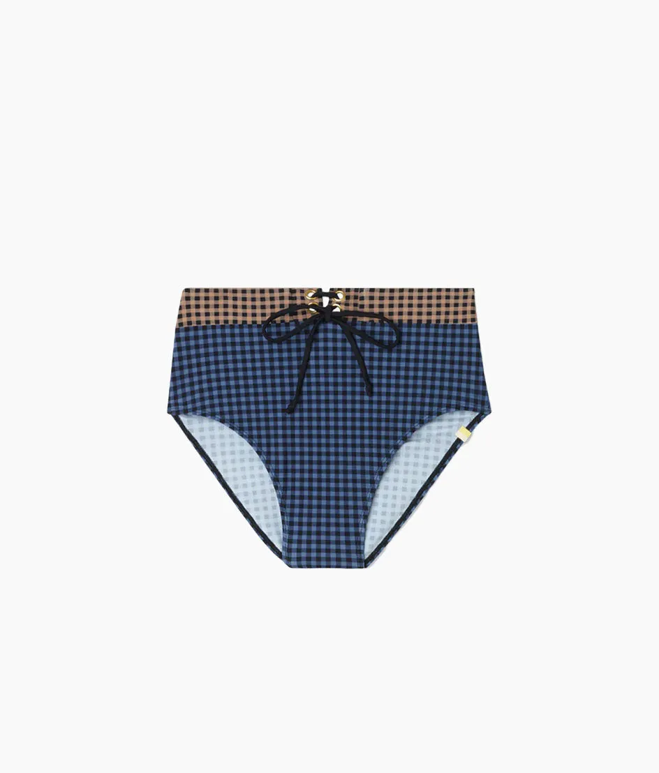The Lace-Up High Leg High Rise Bikini Bottom - Gingham in Blue Mountain & Toffee sold by Summersalt product image thumbnail 4