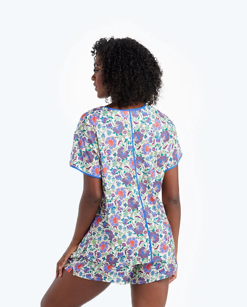 The Cloud 9 Silky Pajama Shorts Set - Scroll Block Print in Violet & Lava sold by Summersalt product image thumbnail 2