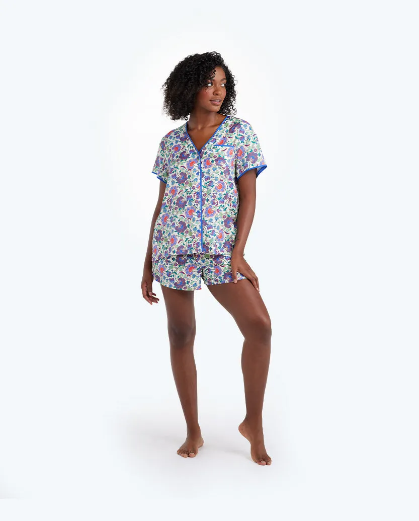 The Cloud 9 Silky Pajama Shorts Set - Scroll Block Print in Violet & Lava sold by Summersalt product image thumbnail 3