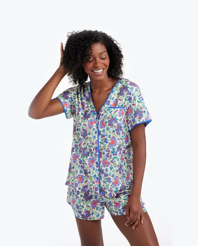 The Cloud 9 Silky Pajama Shorts Set - Scroll Block Print in Violet & Lava sold by Summersalt