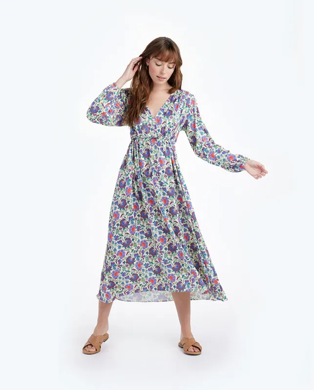 The Cinched Waist Caftan Dress - Scroll Block Print in Violet & Lava made by Summersalt