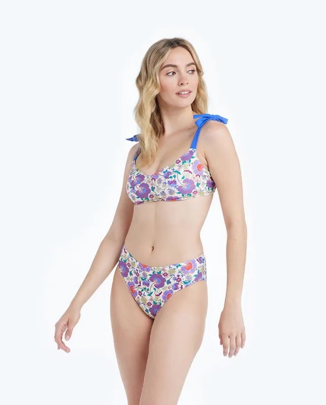 The Limited-Edition High Leg Mid Rise Bikini Bottom - Scroll Block Print in Violet & Lava sold by Summersalt
