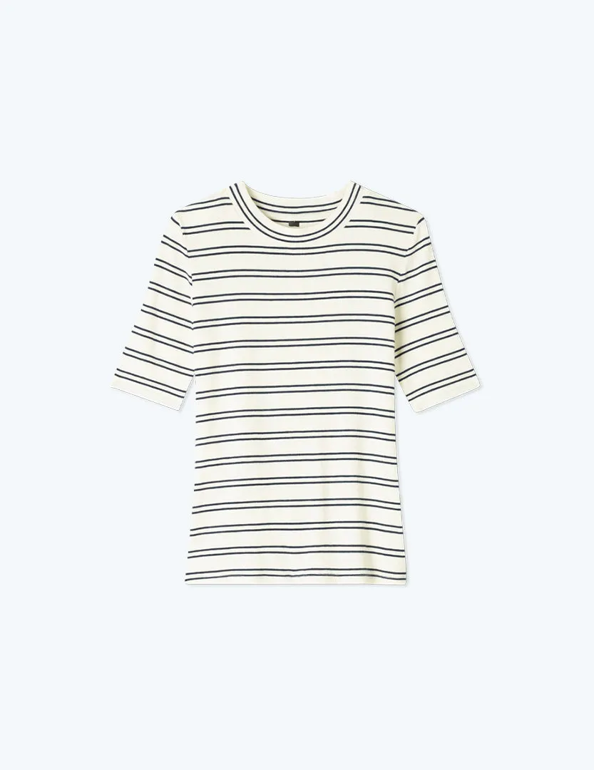 The Softest Ribbed Elbow Sleeve T-Shirt - White Sand & Deep Sea Stripe sold by Summersalt product image thumbnail 5