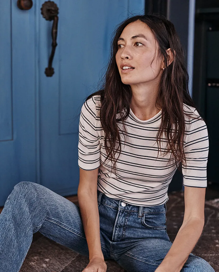 The Softest Ribbed Elbow Sleeve T-Shirt - White Sand & Deep Sea Stripe sold by Summersalt product image thumbnail 2