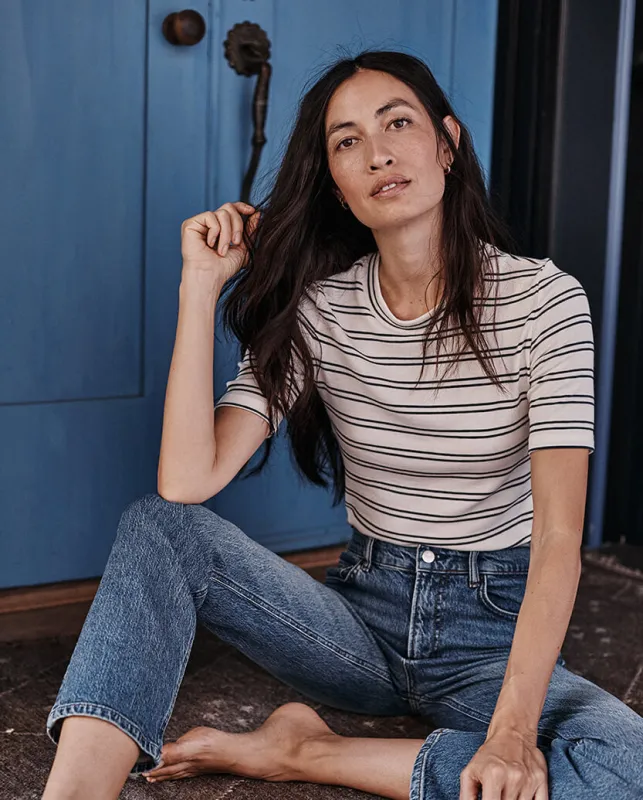 The Softest Ribbed Elbow Sleeve T-Shirt - White Sand & Deep Sea Stripe sold by Summersalt