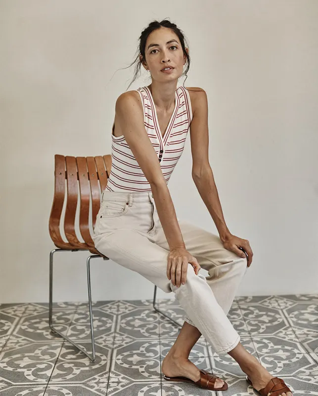 The Softest Ribbed Henley Tank - White Sand & Berry Stripe sold by Summersalt
