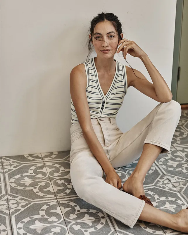 The Softest Ribbed Henley Tank - White Sand & Deep Sea Stripe sold by Summersalt