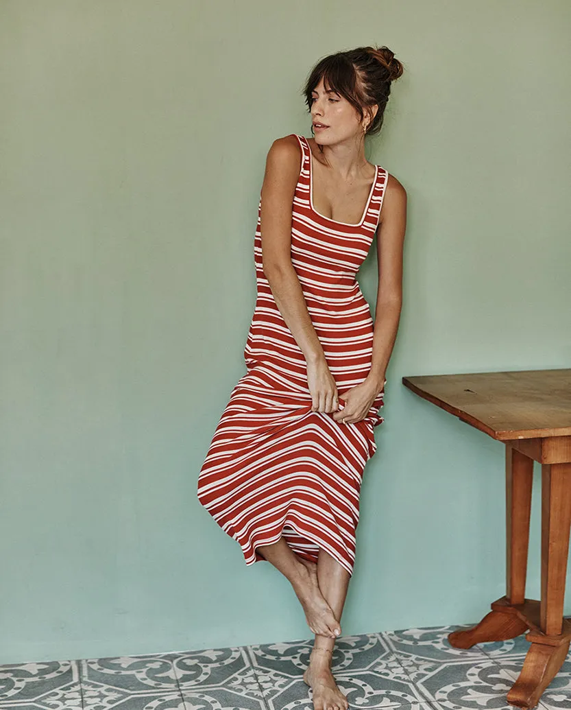 The Softest Ribbed Maxi Dress - Berry & White Sand Stripe sold by Summersalt