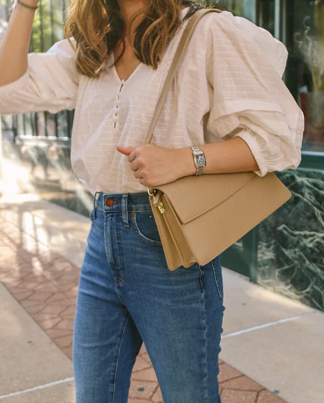 The Cotton Pintuck Blouse - White Sand sold by Summersalt