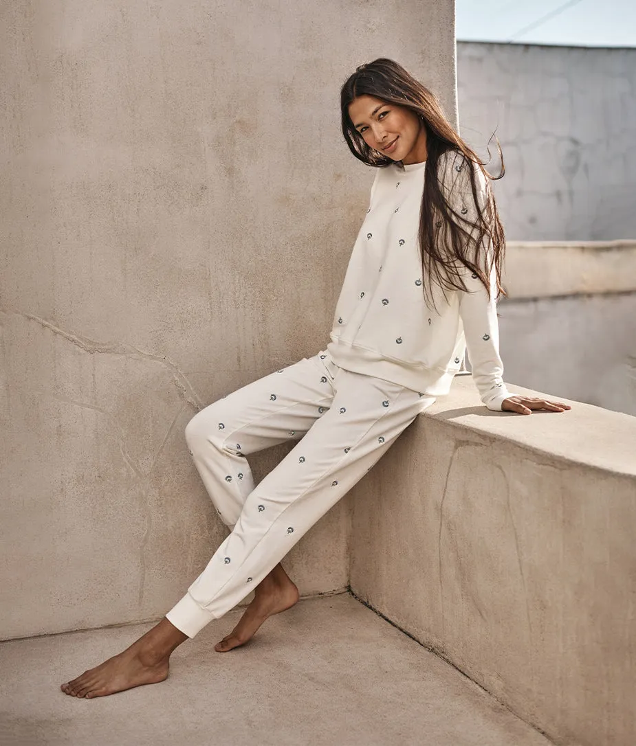 The Softest French Terry Relaxed Crew - White Sand Floral Stitch sold by Summersalt