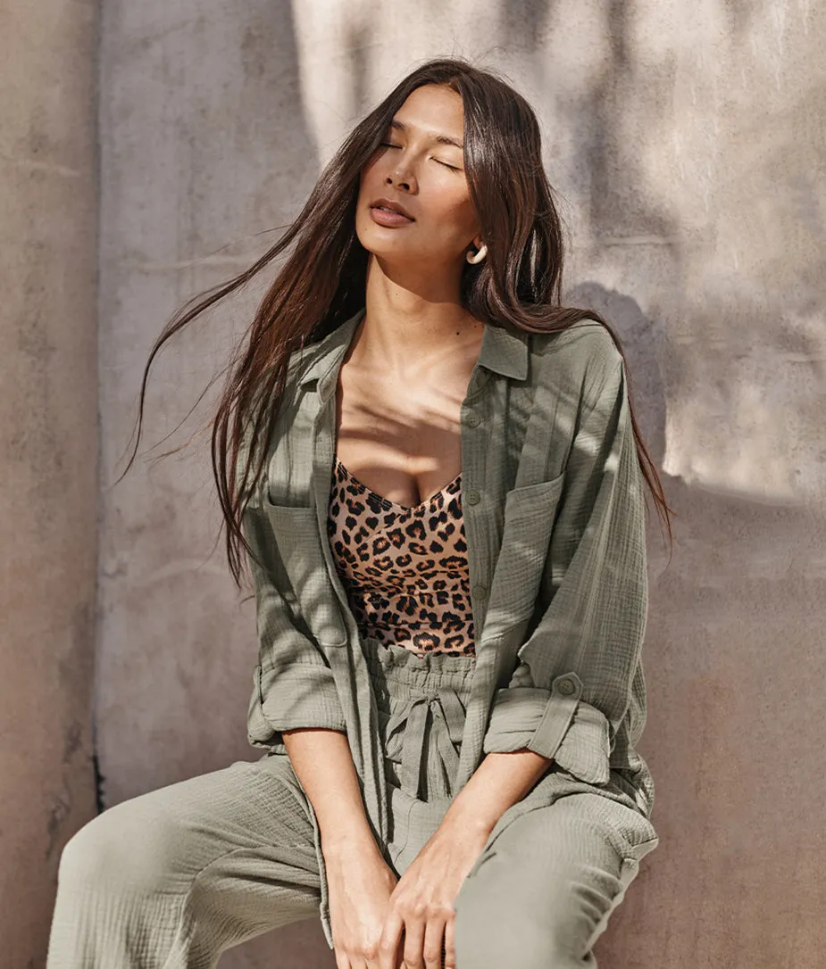 The Going Places Gauze Button-Down Camp Shirt - Agave sold by Summersalt