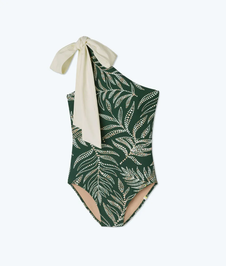 The Long Torso Bow-Shoulder Ruched Sidestroke - Dotted Palms in Olive & White Sand sold by Summersalt product image thumbnail 2