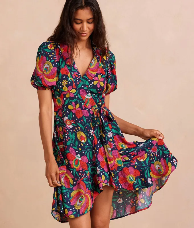 The Silky Luxe Puff Sleeve Beach to Brunch Wrap Dress - Super Bloom made by Summersalt
