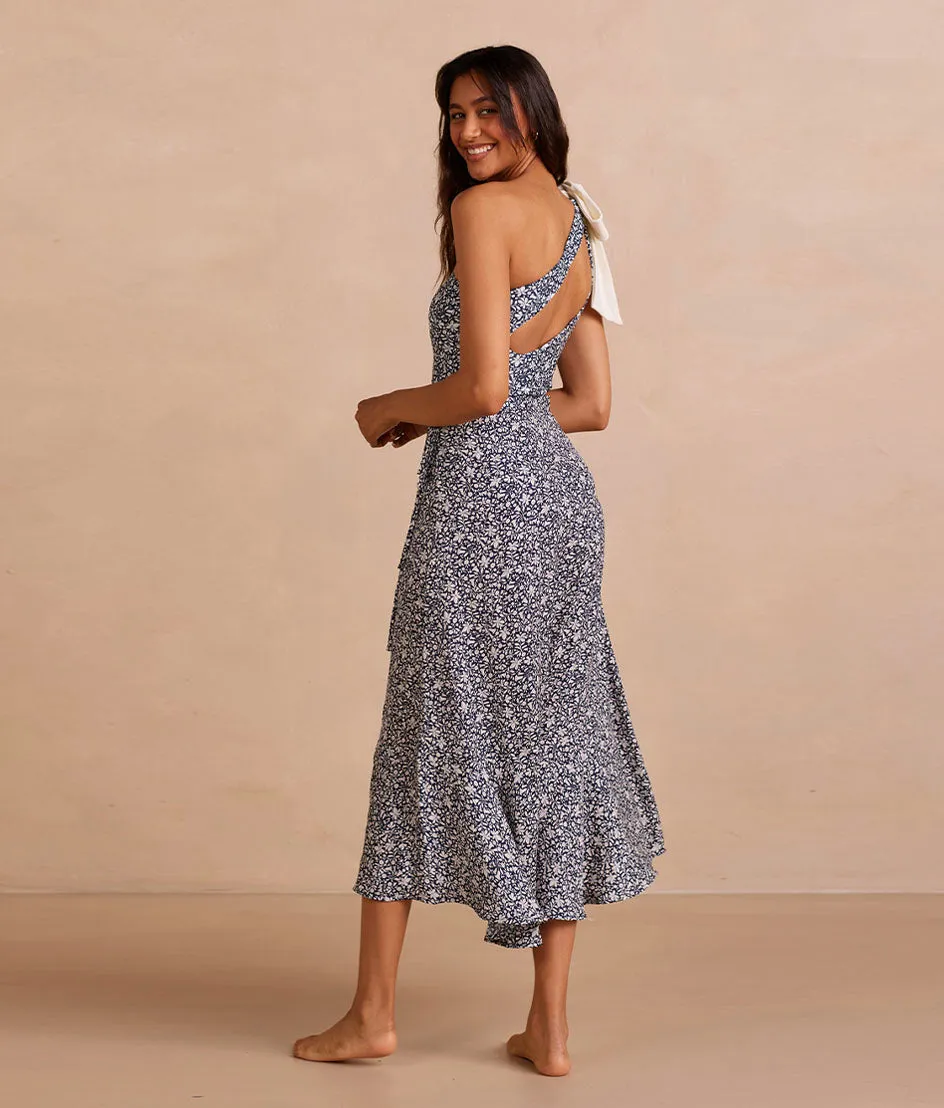 The Silky Luxe Beach to Brunch Wrap Skirt - Beach Botanical in Deep Sea sold by Summersalt product image thumbnail 2