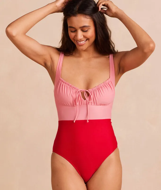 The Gulf Gathered Keyhole One Piece - Raspberry & Carnation sold by Summersalt