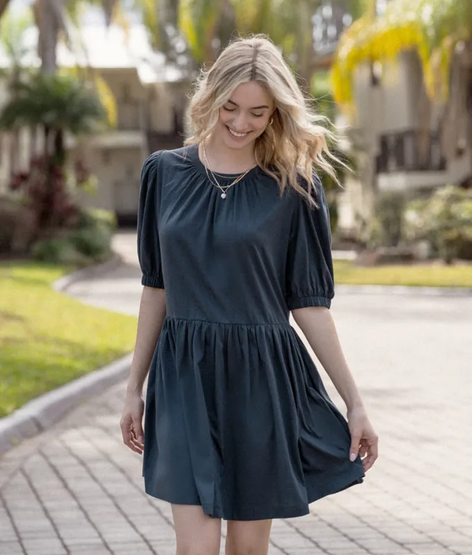The Luxe Pima Puff-Sleeve Mini Dress - Midnight sold by Summersalt
