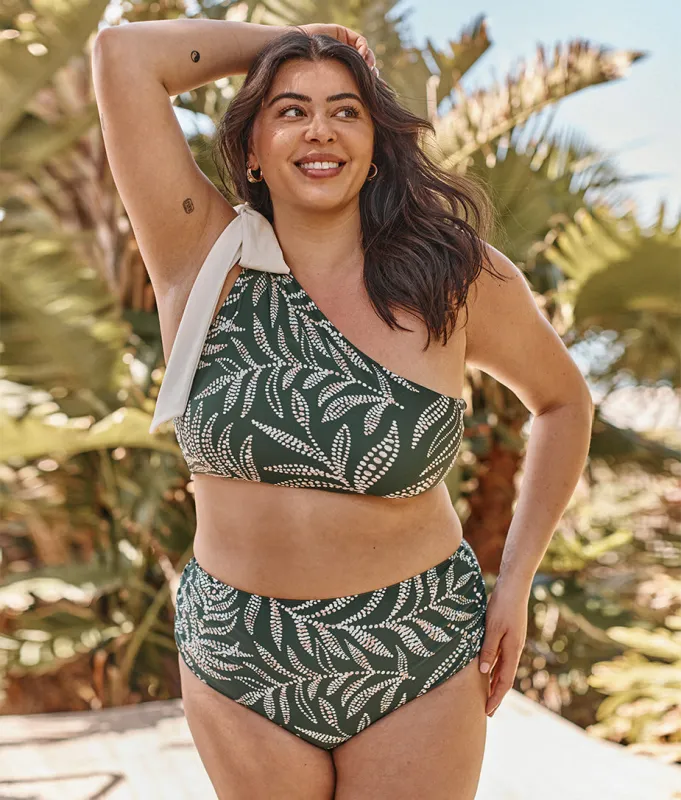 The Ruched High Leg High Rise Bottom - Dotted Palms in Olive & White Sand sold by Summersalt