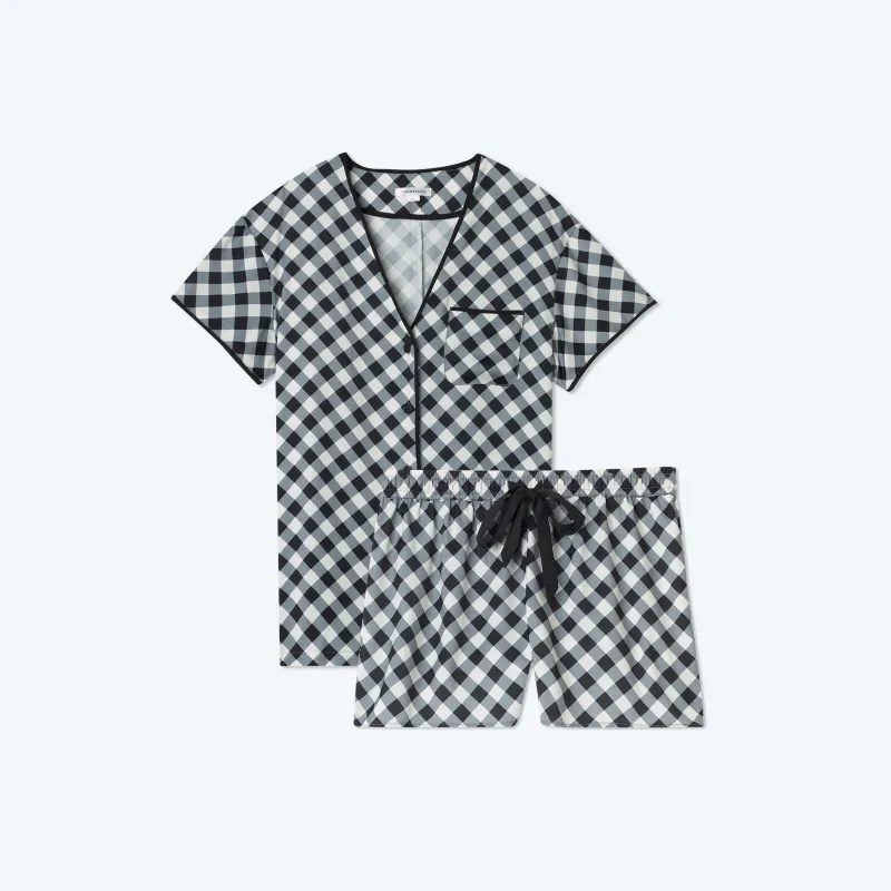 The Cloud 9 Silky Pajama Shorts Set - Gingham in Sea Urchin sold by Summersalt