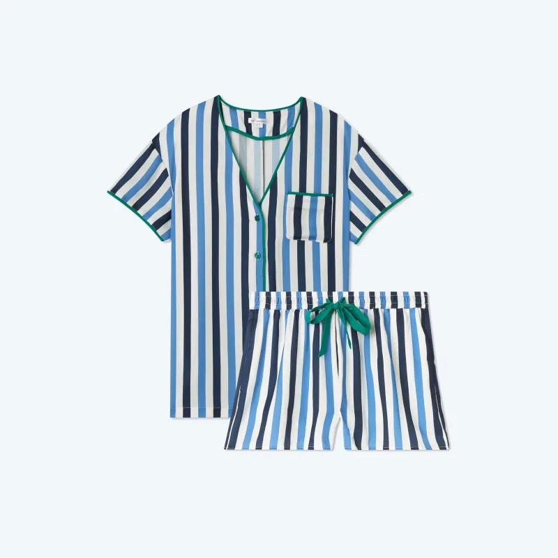The Cloud 9 Silky Pajama Shorts Set - Classic Stripe in Deep Sea & Indigo sold by Summersalt