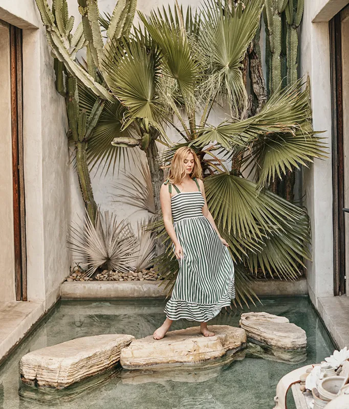 The Smocked Maxi Dress - in Nautical Stripe in Olive sold by Summersalt