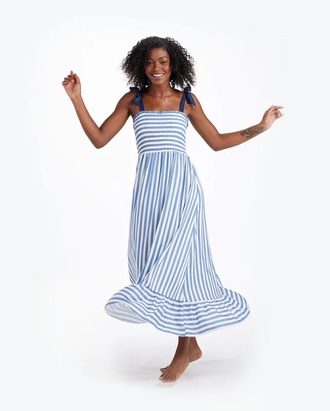 The Smocked Maxi Dress - Nautical Stripe in Blue Mountain sold by Summersalt