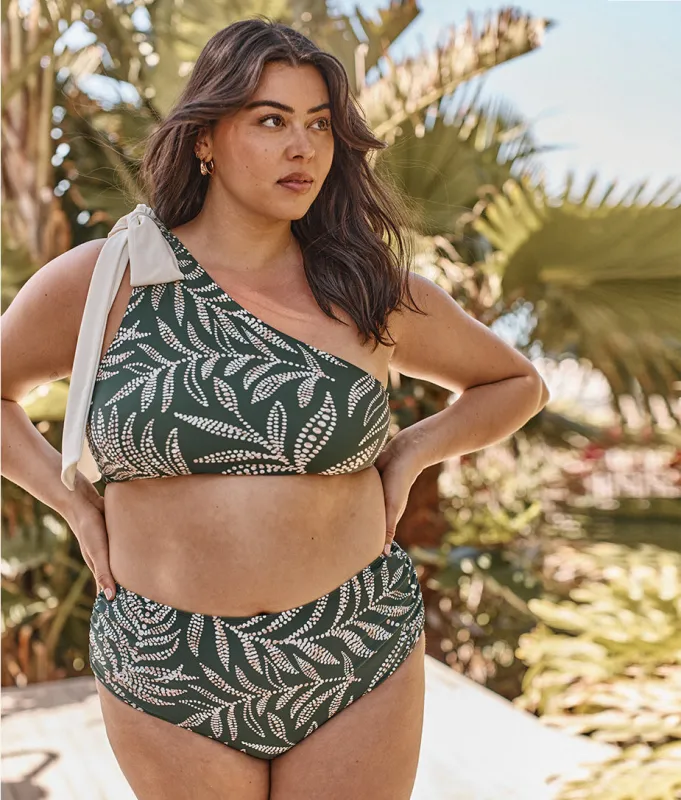 The Bow-Shoulder Ruched Sidestroke Bikini Top - Dotted Palms in Olive & White Sand made by Summersalt