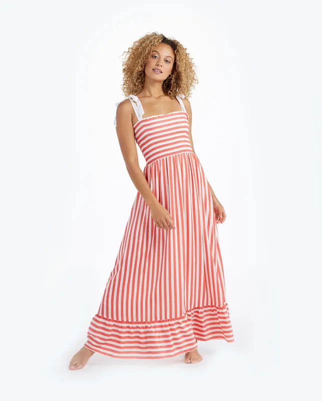 The Smocked Maxi Dress - Nautical Stripe in Nantucket Red made by Summersalt