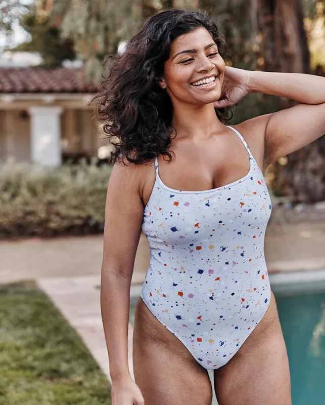 The Perfect High Leg One Piece - Paint Splatter in Lilac made by Summersalt