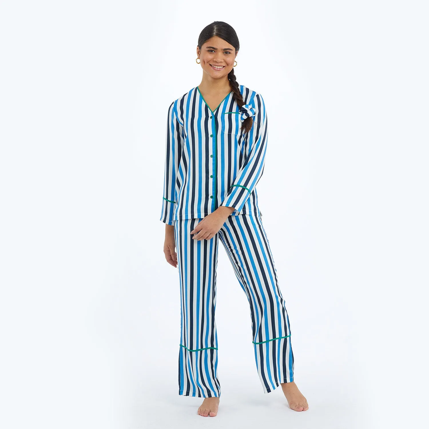 The Cloud 9 Silky Pajama Set - Classic Stripe in Deep Sea & Indigo sold by Summersalt product image thumbnail 3