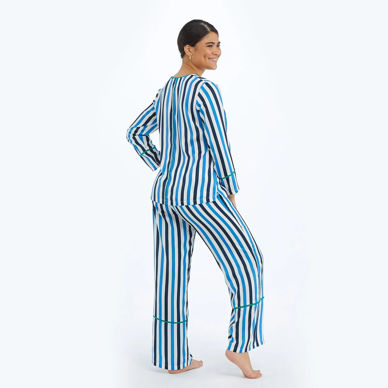 The Cloud 9 Silky Pajama Set - Classic Stripe in Deep Sea & Indigo sold by Summersalt product image thumbnail 4
