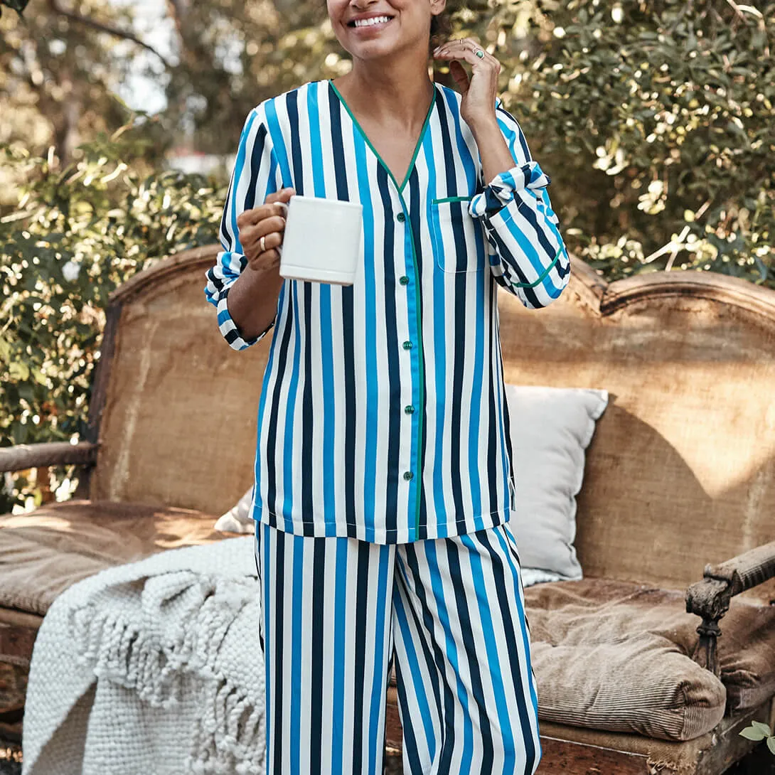 The Cloud 9 Silky Pajama Set - Classic Stripe in Deep Sea & Indigo sold by Summersalt product image thumbnail 2
