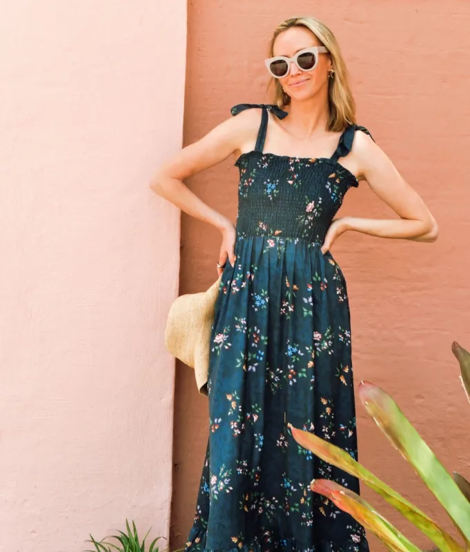 The Silky Luxe Smocked Maxi Dress - Celestial Floral in Deep Sea made by Summersalt