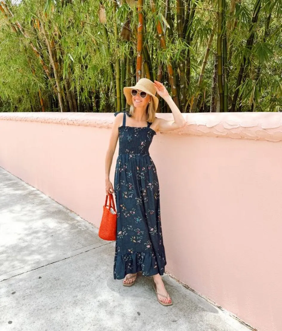 The Silky Luxe Smocked Maxi Dress - Celestial Floral in Deep Sea sold by Summersalt product image thumbnail 4