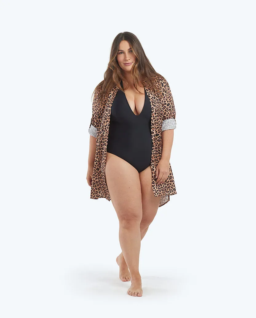 The Short Effortless Shirtdress Cover-Up - Leopard sold by Summersalt