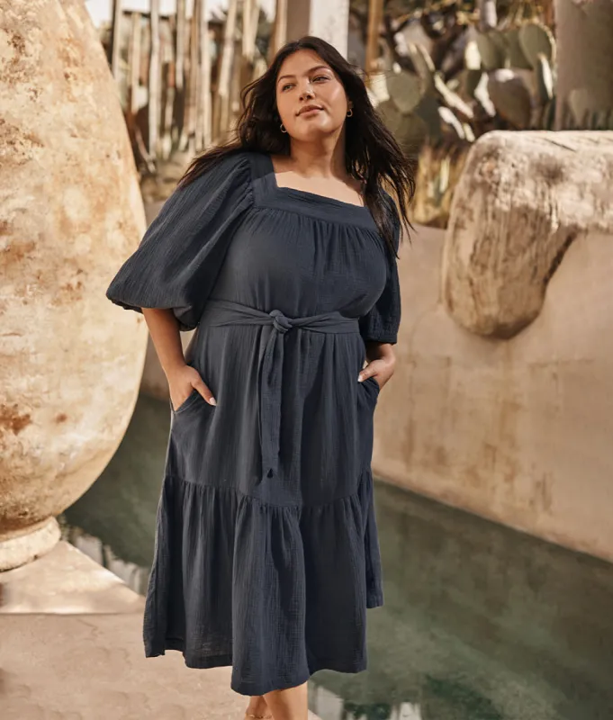 The Going Places Gauze Midi Dress - Midnight sold by Summersalt