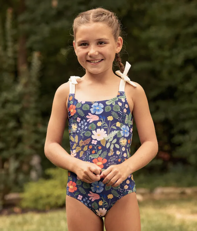 The Girls' Tie Oasis One-Piece - Strawberry Fields in Deep Sea sold by Summersalt