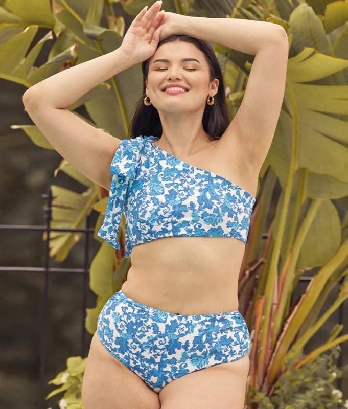 The Ruched High Leg High Rise Bottom - Garden Floral in White Sand & Pacific sold by Summersalt