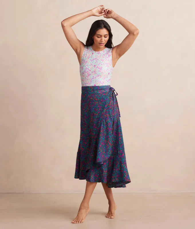 The Silky Luxe Beach to Brunch Wrap Skirt - Radiant Floral in Deep Sea sold by Summersalt