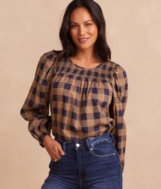 The Perfect Smocked Cotton Top - Buffalo Check in Midnight & Toffee sold by Summersalt