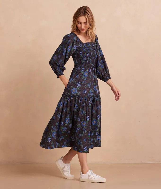 The Countryside Poplin Smocked Midi Dress - Rustic Floral in Midnight sold by Summersalt