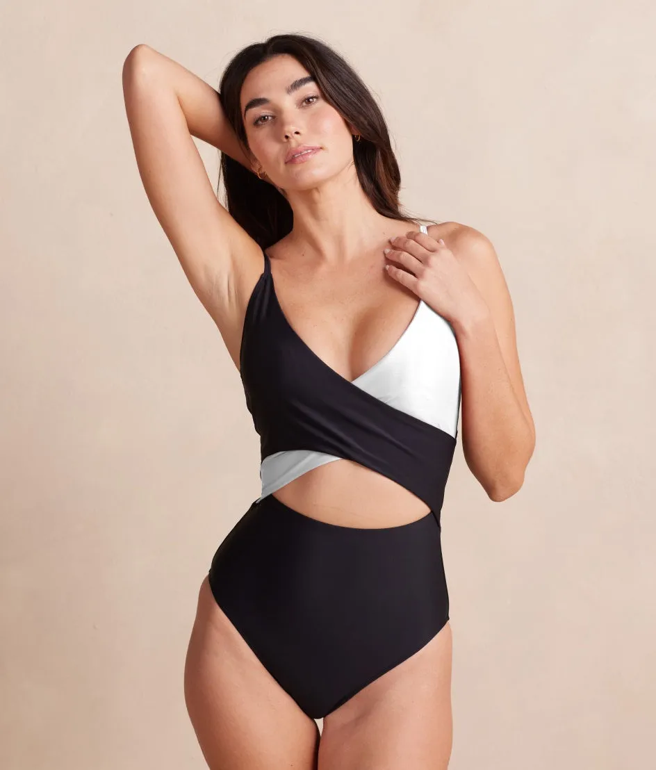 The Long Torso Sea Breeze Cutout One-Piece - Sea Urchin & White Sand sold by Summersalt