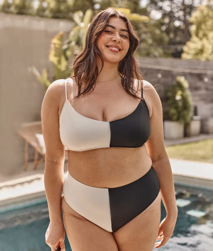 The Split High Leg High Rise Bikini Bottom - Sea Urchin & White Sand sold by Summersalt