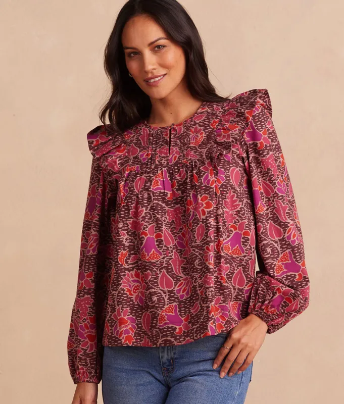 The Countryside Poplin Ruffle Blouse - Vineyard Blooms in Pinot sold by Summersalt