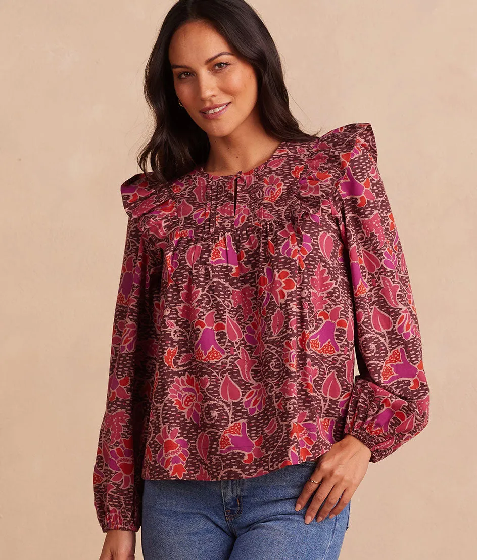 The Countryside Poplin Ruffle Blouse - Vineyard Blooms in Pinot sold by Summersalt