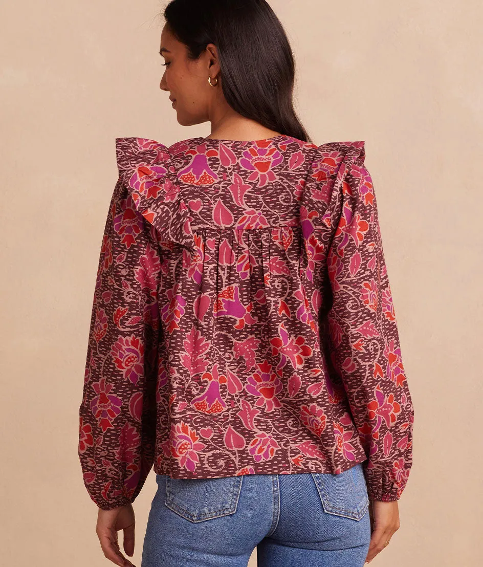 The Countryside Poplin Ruffle Blouse - Vineyard Blooms in Pinot sold by Summersalt product image thumbnail 2